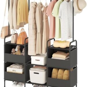 Laiensia Clothes Rack,3 Rods Portable Clothing Hanging Garment Rack,Coat and Shoe Rack with 4 Storage Shelves and 4 Storage Pockets,for Bedroom,Entryway,Living Room,Black
