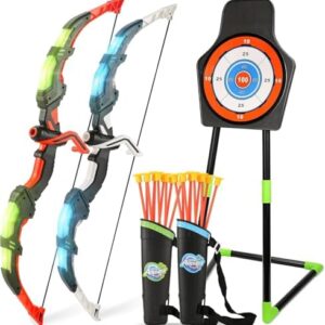 Bow and Arrow Set for Kids, 2-Pack LED Light Up Archery Set with 20 Suction Cup Arrows, Indoor and Outdoor Toy for Boys Girls Age 4-8 8-12 with Standing Target&2 Quivers, Birthday Gift 3-12 Years Old